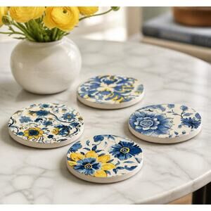 Mediterranean Coasters | Floral Round Wood Coaster Set of 4 | Italian Coasters